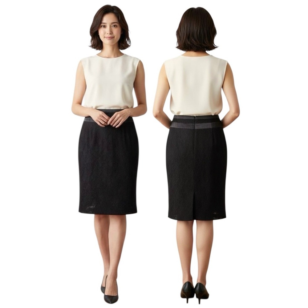 Worthington Elegant Lined Black Lace Pencil Skirt Satin Waist Business Size M